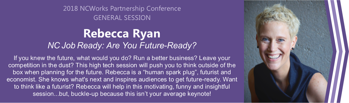 NCWorksConf's tweet photo. Don't miss this #Keynote presentation by nationally recognized speaker @ngcrebecca at the #NCWorksConference. Learn more about this dynamite session and more at: https://t.co/mOErdqHlXg. #NCWorks #FutureReady #NCJobReady #WorkforceDevelopment #StrategicForesight #HumanSparkPlug https://t.co/1X41ZSmr1l