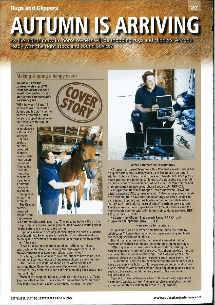#ThrowbackThursday to a photoshoot &amp; magazine front cover with <a href="/clippermanuk/">Clipperman</a>, <a href="/ETN_Magazine/">EquestrianTradeNews</a> &amp; top event rider James Sommerville of <a href="/TSEventing/">Team Sommerville</a>! James &amp; Lucinda Corners, Head Girl, have tried &amp;tested Clipperman's clippers &amp; trimmers on their horses for over a year now