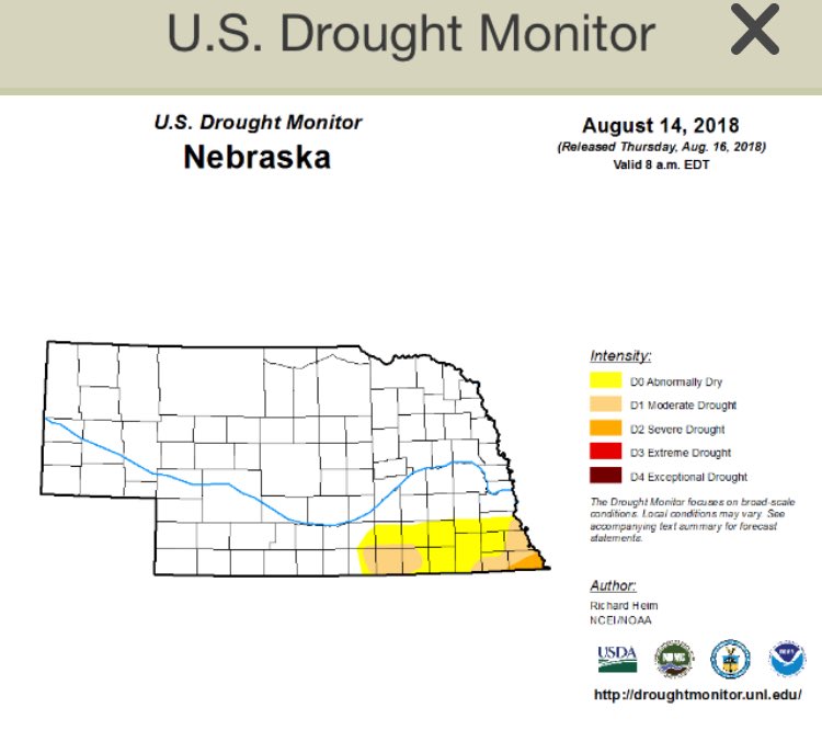 tylerw_ag's tweet photo. Latest Drought Monitor from the @DroughtCenter in NE is showing the dry spots in SE Neb. Recent rain will help, but will take quite a bit more to build the profile back up. #NEwx #AgriToolsApp https://t.co/kIGwhOWBdF