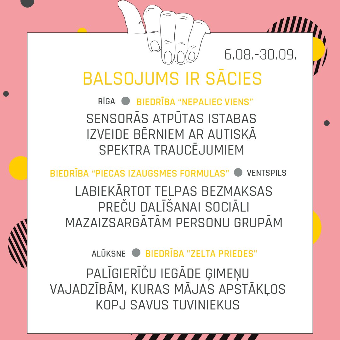 Katrs pirkums pie mums = 1 balss par kādu no projektu finālistiem. Balsošana norisinās līdz 30.septembrim.