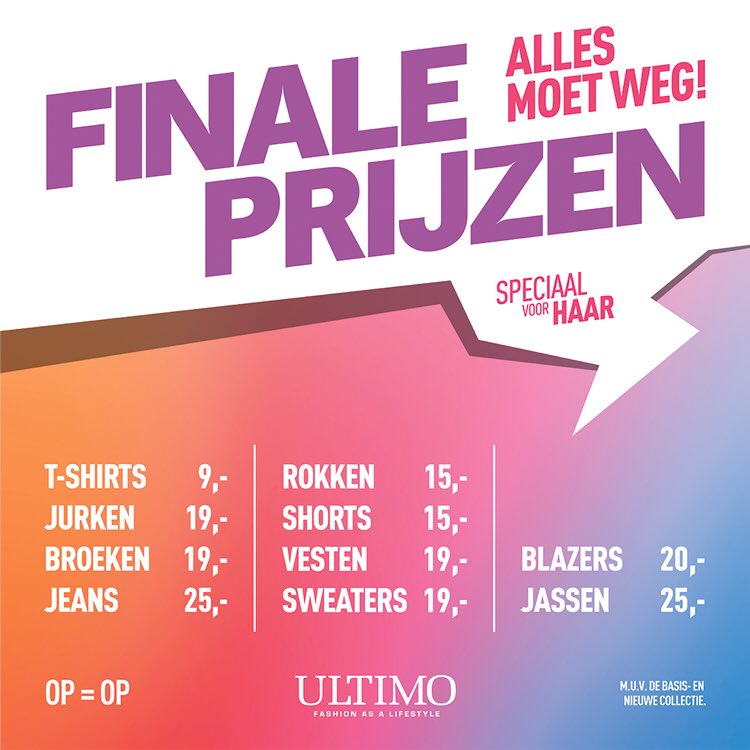 Ultimomode's tweet photo. Wij zijn gestart met onze finale prijzen. Dit zijn prijzen die je niet mag missen! Zorg dat je er snel bij bent want OP=OP. #sale #opruiming #finale #koopjes #oldenzaal #ultimo https://t.co/dAImmOOLqT