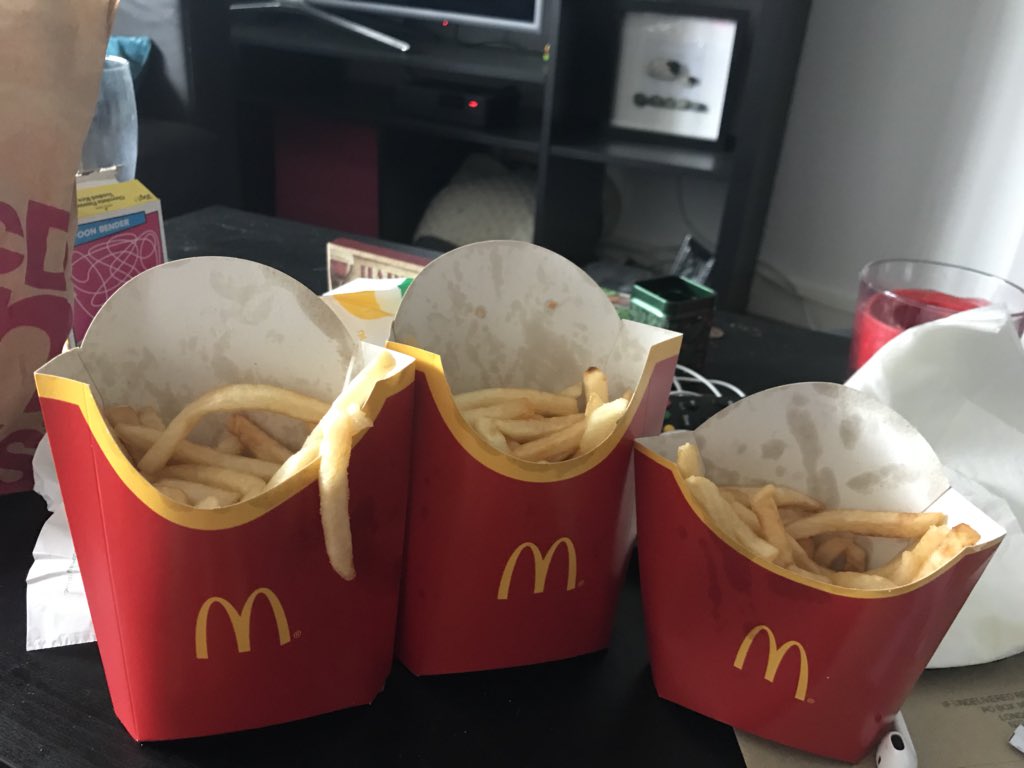 pamgeil's tweet photo. Just got home with my order from McDonalds in Haringey and this is how many fries were in each carton.  Really @McDonalds????  Ridiculous and a rip off. https://t.co/q5NQrUzjmA