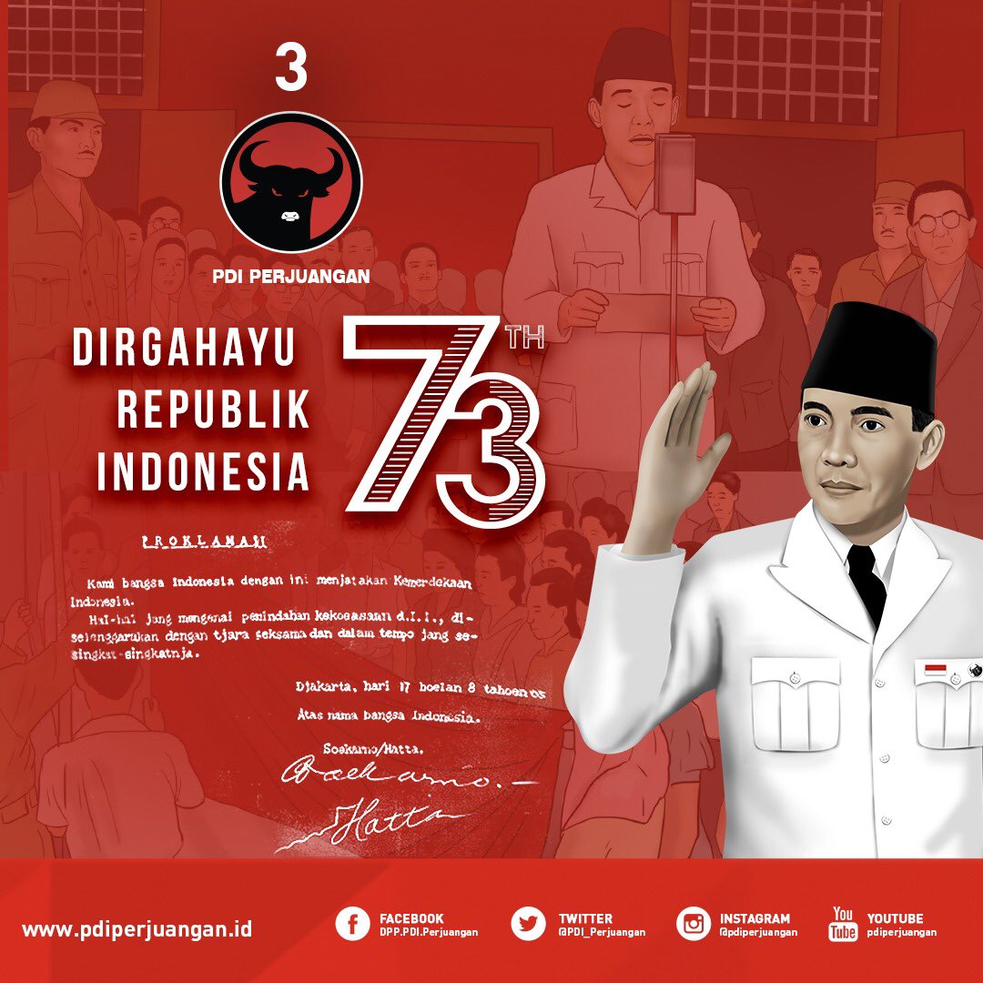 PDI_Perjuangan's tweet photo. Keluarga Besar PDI Perjuangan Mengucapkan Dirgahayu Republik Indonesia Ke 73 Tahun.
Sekali Merdeka Tetap Merdeka! 
Merdeka Untuk Selama-Lamanya! 

#PDIPerjuangan https://t.co/SqpoHIEObv