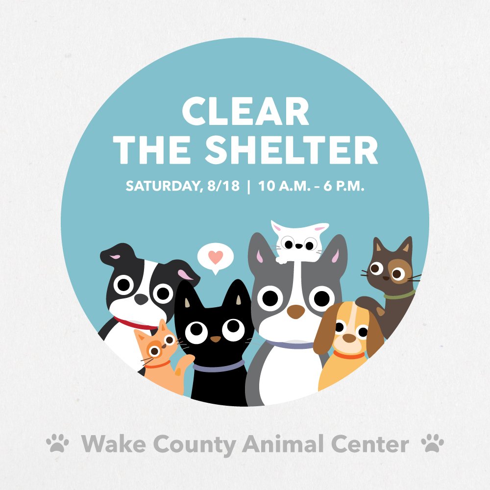 WakeGOV's tweet photo. Interested in adopting a pet? @WakeGovPets is participating in #ClearTheShelters on Saturday, Aug. 18! Adoption fees will be waived from 10 a.m. until 6 p.m. View pets available for adoption at https://t.co/glFGfGsuZY https://t.co/UyQkcCqJYm