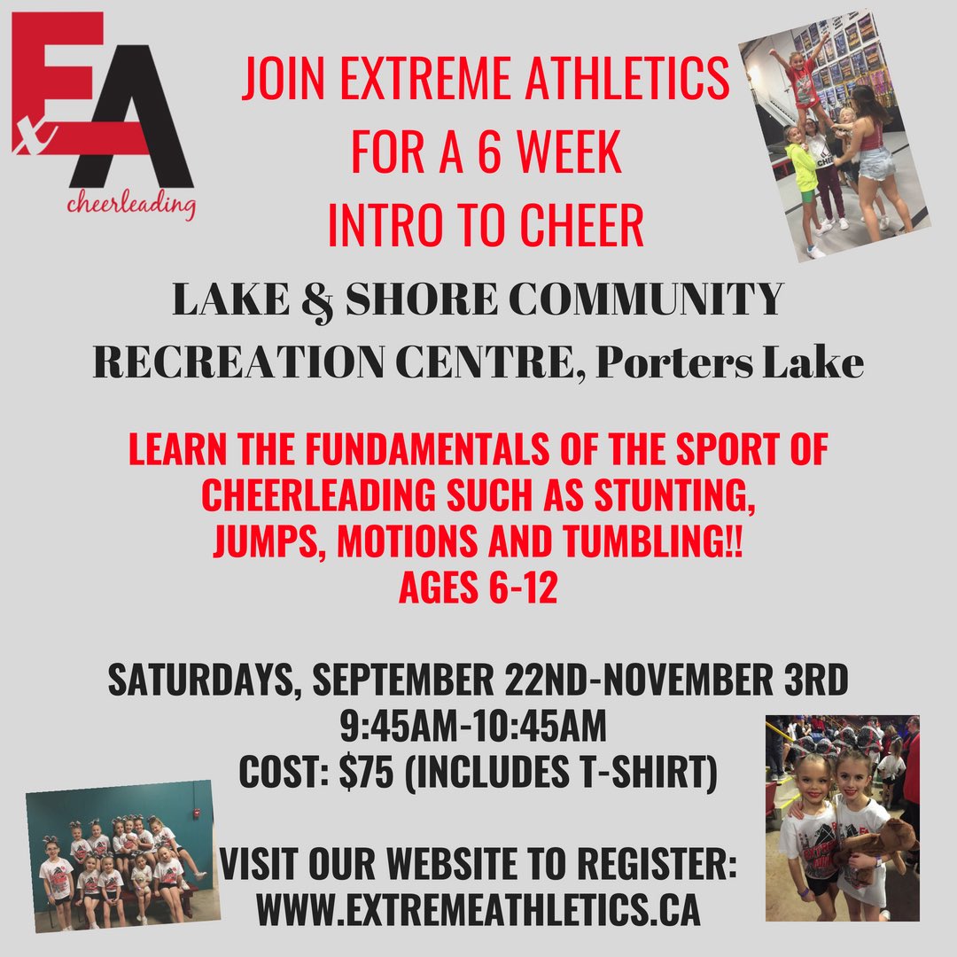 Interested in giving Cheerleading a try? Check out our 6 week Intro to Cheer class in Porters Lake!! Visit our website to register extremeathletics.ca