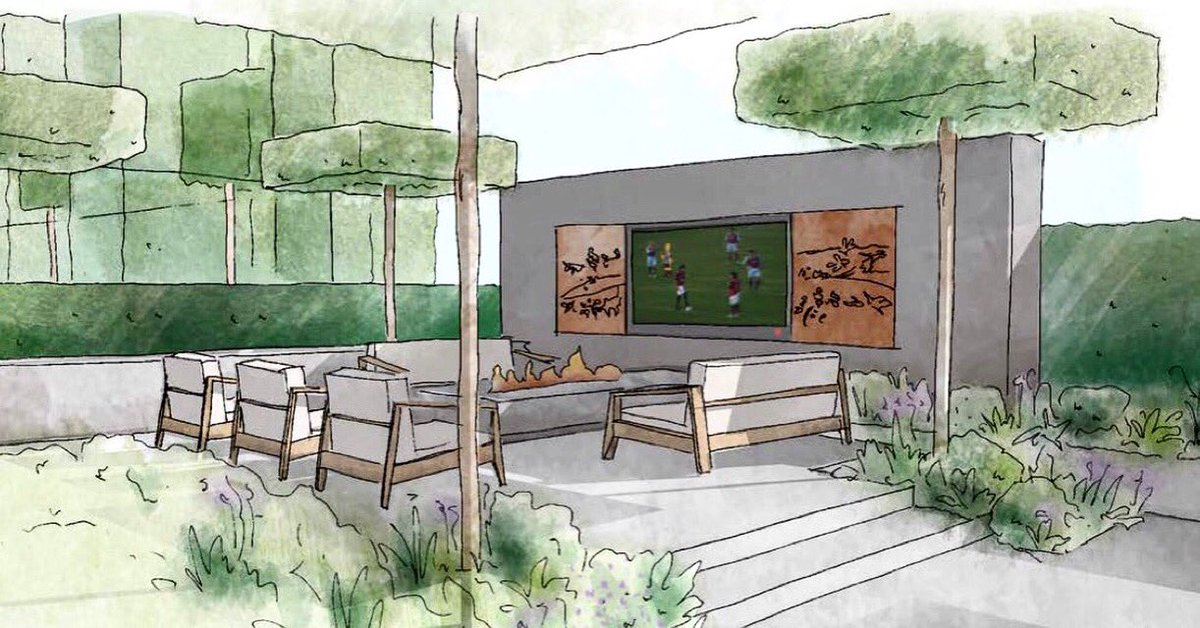 #concept #sketch of #featurewall & #lasercut #cortenpanels that slide apart to reveal an #outdoorTV #tabletoptrees & comfy seating surround a #cantilever #firetable for the ultimate #outdoorentertaining space! #conceptdesign #handdrawing  #slidingdoors #gardendesign @BowlesWyer