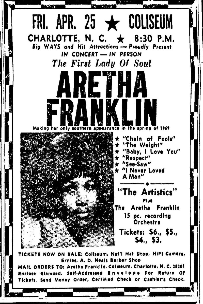 theobserver's tweet photo. 🙏 RIP Aretha Franklin. @ObserverArchive found this poster from her 1969 concert at Charlotte Coliseum https://t.co/AEtzktHDdm https://t.co/x3PHj09r9V