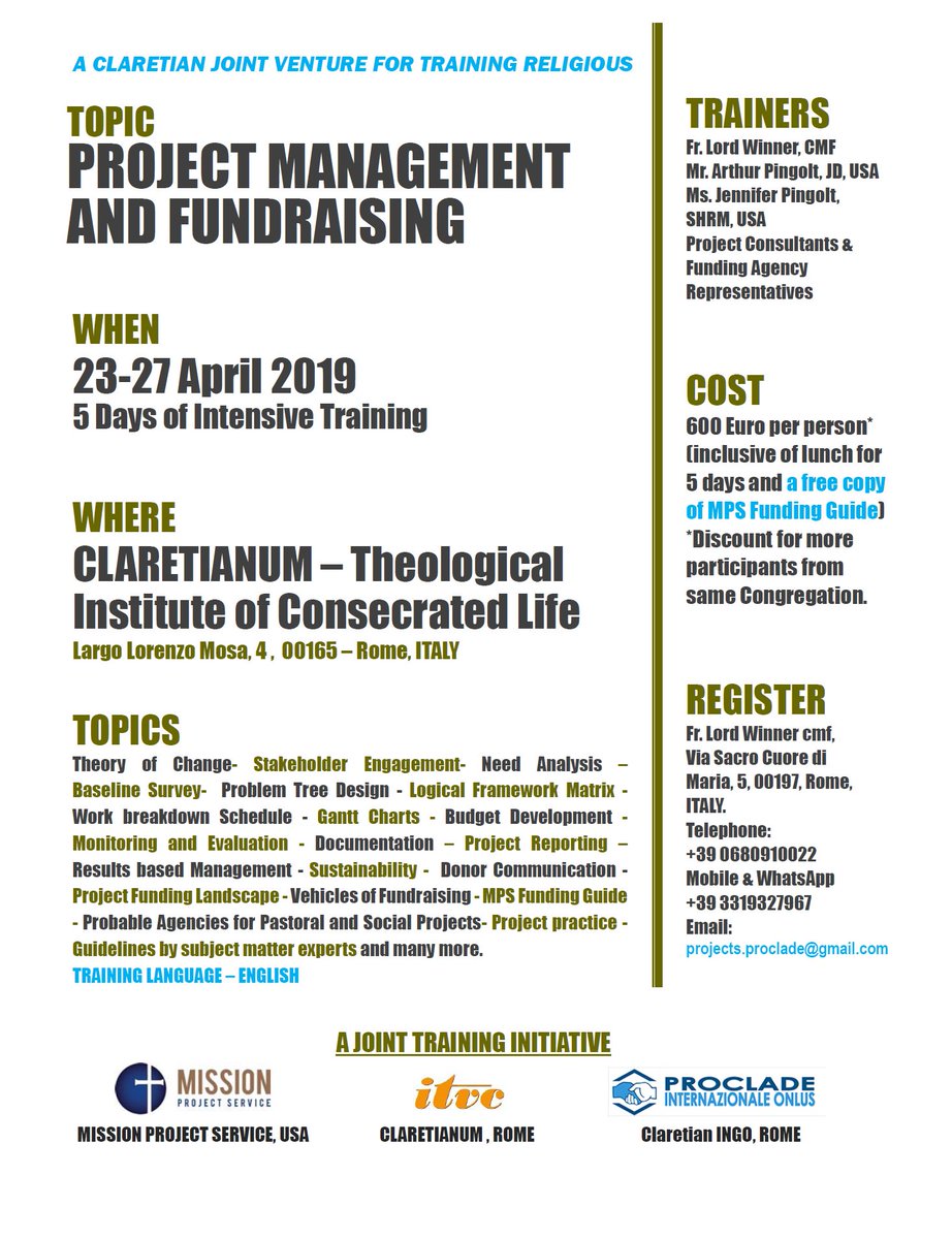 thrilled to announce #ProjectMangement &amp; #Fundraising five day training intensive for #Catholic Religious - Rome, 2019!  Reserve your spot quickly!