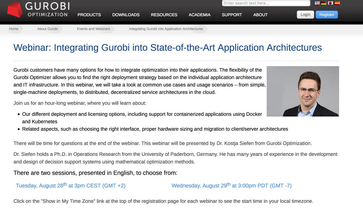 gurobi's tweet image. Upcoming webinar: Integrating Gurobi into State-of-the-Art Application Architectures with Dr. Kostja Siefen. Register here: goo.gl/ew3Fm4 #DataScience #MathematicalProgramming #PrescriptiveAnalytics #ORMS #DataAnalytics #@siefen