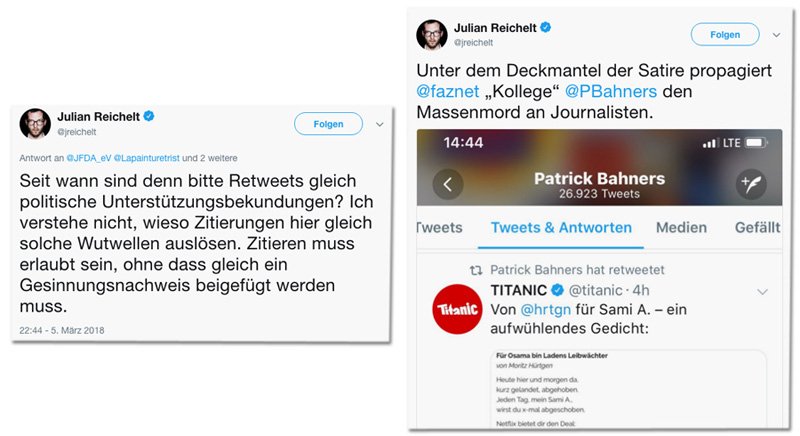 Links: <a href="/BILD/">BILD</a>-Chef <a href="/jreichelt/">Julian Reichelt</a>, wenn ihm vorgeworfen wird, kommentarlos einen rechten Hetz-Account retweetet zu haben.

Rechts: "Bild"-Chef Julian Reichelt, wie er <a href="/PBahners/">Patrick Bahners</a> vorwirft, kommentarlos ein Gedicht des Satiremagazins <a href="/titanic/">TITANIC</a> retweetet zu haben: bildblog.de/100861/der-ret…