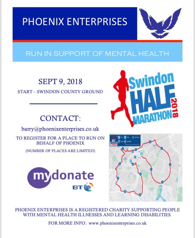 markneilsonsw's tweet photo. I'm running the The Nationwide New Swindon Half Marathon 2018 in Sept

I'll be raising funds for Phoenix Enterprises Ltd who do a great job providing support training &amp; employment opportunities for people in the Swindon area with mental health issues.

https://t.co/MAPz8q8usR https://t.co/1Fs1VvHH2u