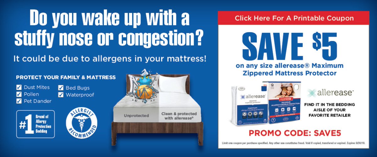 AllerEase's tweet image. Keep your family and your #mattress healthy with allergist-recommended #allergyprotection bedding. Take $5 off any size maximum #mattressprotector by using coupon code “SAVE5” at checkout! bit.ly/2zKOmQR