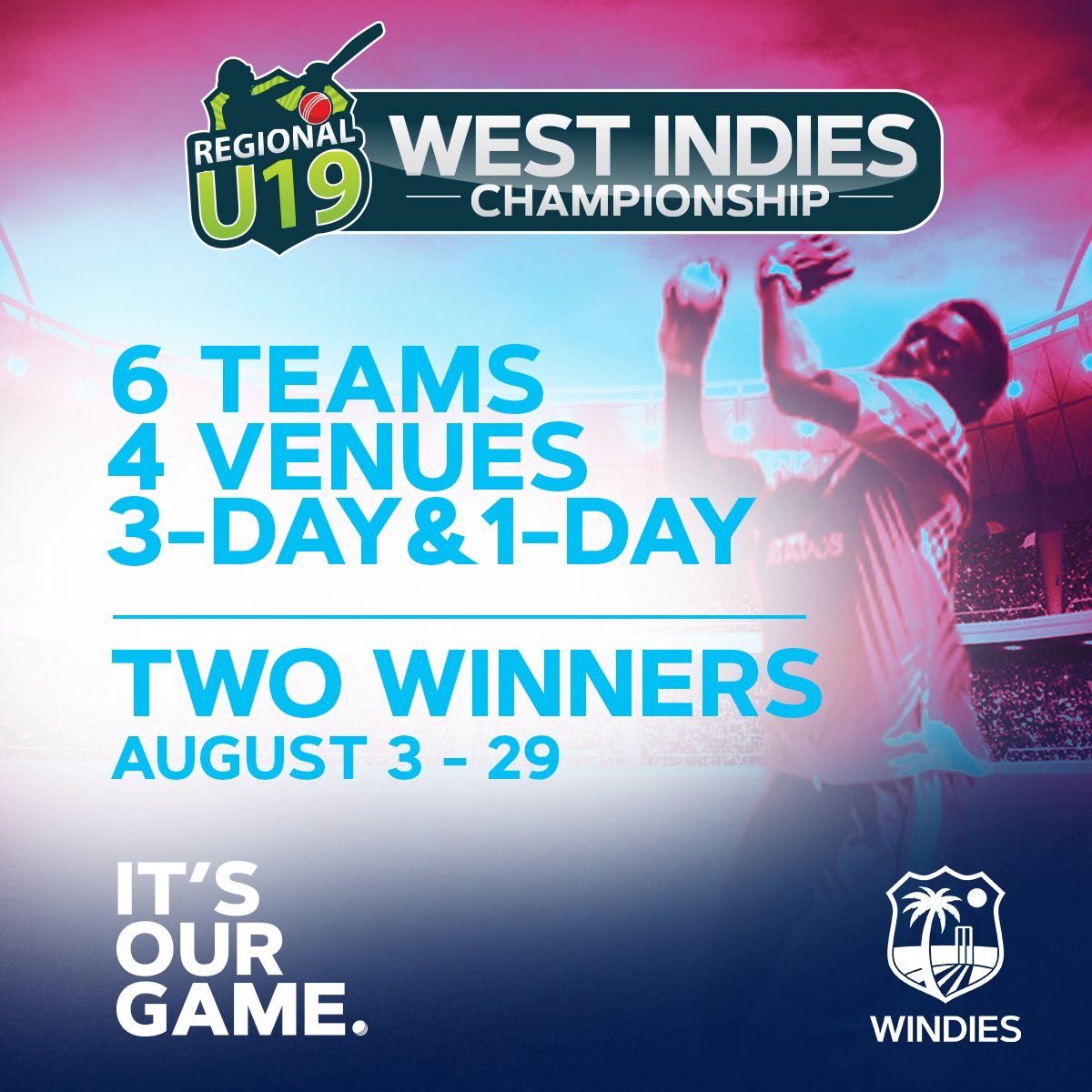 WindiesRegional's tweet photo. The West Indies Under 19 Championship continues with the 50-overs - matches on for today
1. #CANvGUY
2. #LIvTT
3. #WIvJAM
The #WIvJAM match is live here https://t.co/ZitqmVsaek https://t.co/3nQquyrbnT