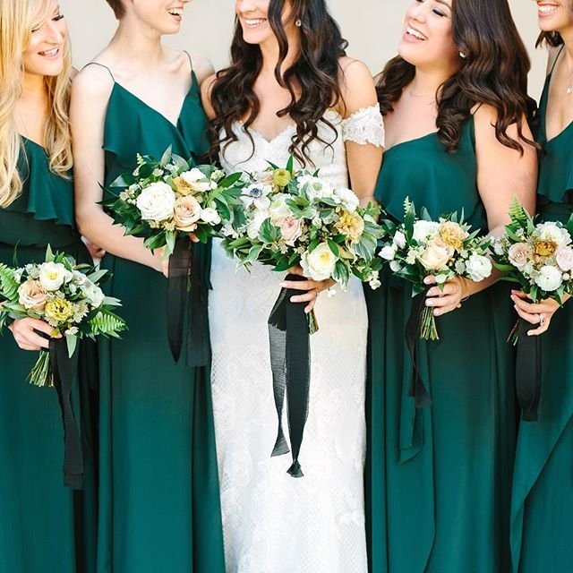 We're not ready to say goodbye to #summer just yet, but these mix-and-match #NouvelleAmsaleBridesmaids in Hunter have us excited about #fall! 🍂 <a href="/marycostaphoto/">Mary Costa</a> <a href="/WeddingWire/">WeddingWire</a>