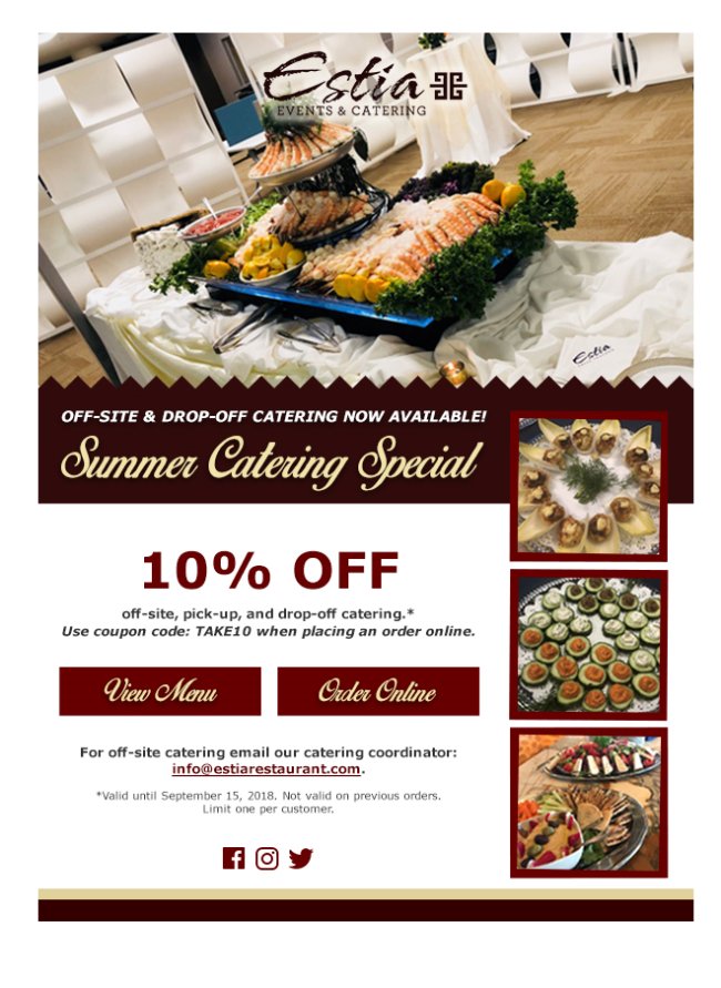 EstiaTaverna's tweet photo. Want 10% off your next order? We'll cater to that! https://t.co/LJWSULvaF6 https://t.co/6f3GAOl1XN