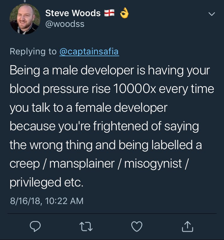 RT if you're a male dev and can v.easily talk to female devs without worrying about being creepy or misogynistic. 🙋‍♂️