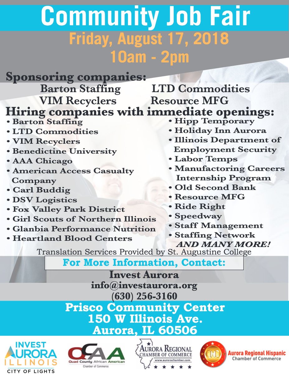 InvestAurora's tweet photo. Don't forget about the Job Fair tomorrow! Over 40 employers will be in attendance! https://t.co/ZGzPsr9GCR