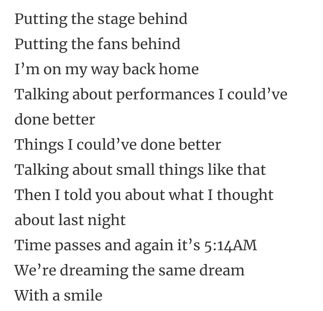 And now the truly heart-breaking part hits (and it's SO Monsta X):After the show, when the curtain drops, it's back to real life and they are constantly thinking about how they could improve themselves. They're constantly thinking they're not enough.But 5:14 is comforting them.