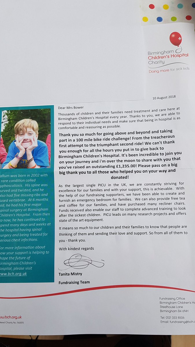 Received a lovely letter from Birmingham Children's Hospital yesterday. It was great to raise such a great amount for such a worthy cause. That will make a difference to so many that use the PICU.