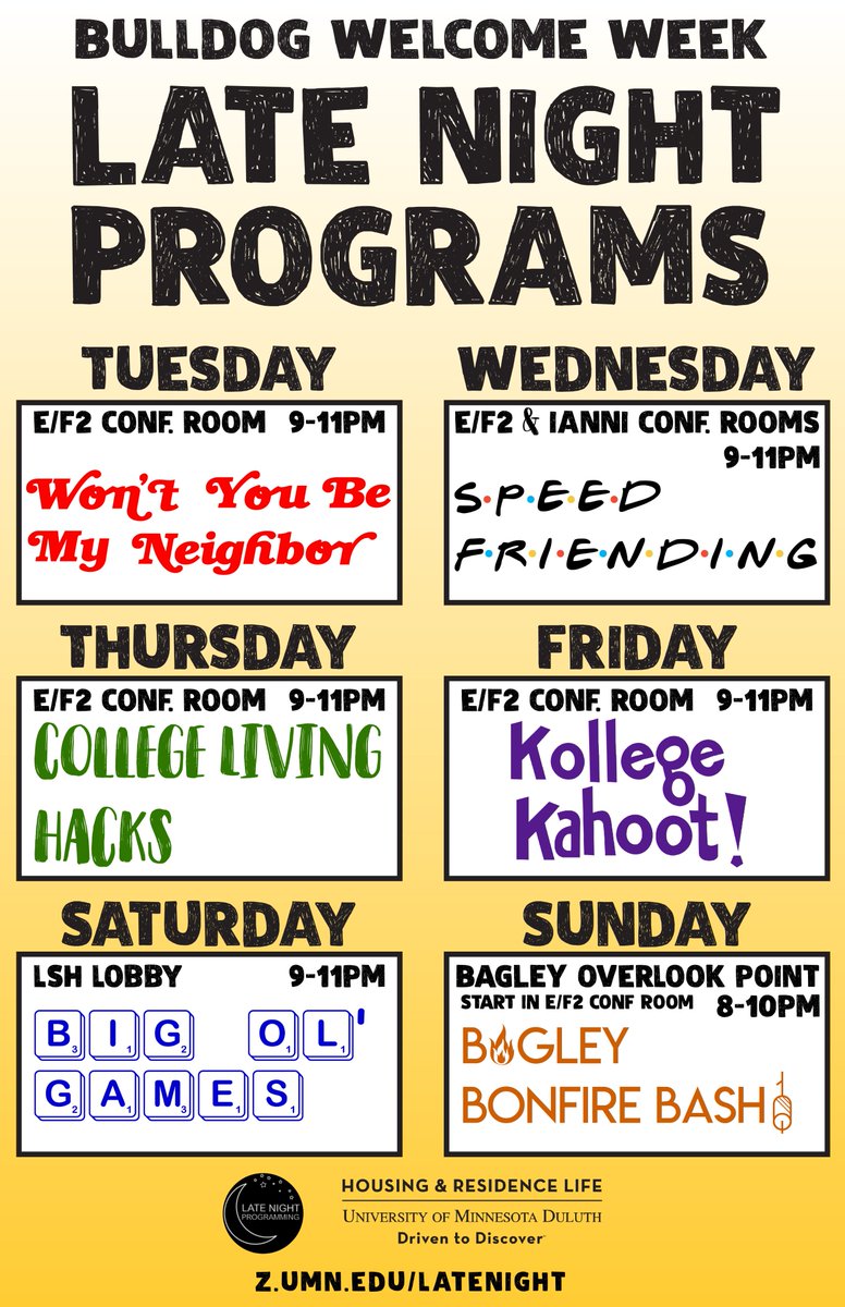 The first round of Late Night Programs is all set for Bulldog Welcome Week! See full details at z.umn.edu/latenight