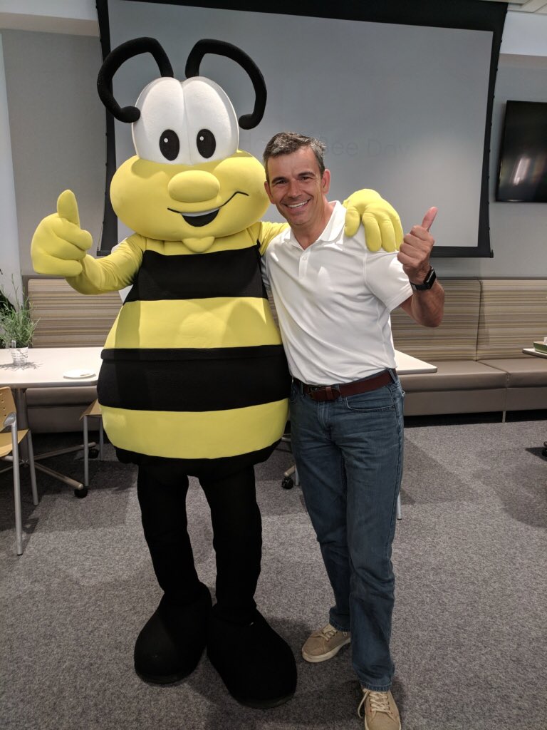 ChrisFudge's tweet photo. I don’t Bee leave it there was a big bee at the office today hanging with ⁦@jeff_cates1⁩ #intuitlife https://t.co/94tE8uWvch
