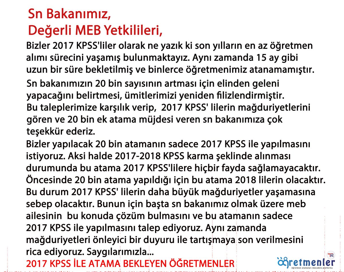 Sn Bakanım <a href="/ziyaselcuk/">Ziya Selçuk</a>  ek 20 bin öğretmen ataması 2017 KPSS puanıyla yapılmalı ve takvim bir an önce açıklanmalıdır.
En çok 2017 KPSS'ye girenler bekledi.
Çok  mağdur olduk.
Çok büyük emekler verdik.
@hmzaydg <a href="/safran1958/">Mustafa SAFRAN</a> <a href="/RehaDenemec/">Reha Denemeç</a>
@TalipGeylan <a href="/alper_ogretici/">Mehmet Alper ÖĞRETİCİ</a> <a href="/_aliyalcin_/">Ali YALÇIN</a>