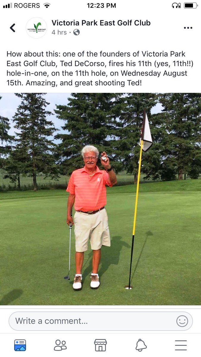 PeterMorgan1993's tweet photo. shoutout to my 88 year old Nonno who shot 79 last week at men's night and got his 11th hole in one this week. ELEVEN. Tiger only has 18. #GOLF #SHOOTER @GolfChannel @TheGolfCanada https://t.co/j6YQQz6Jlg