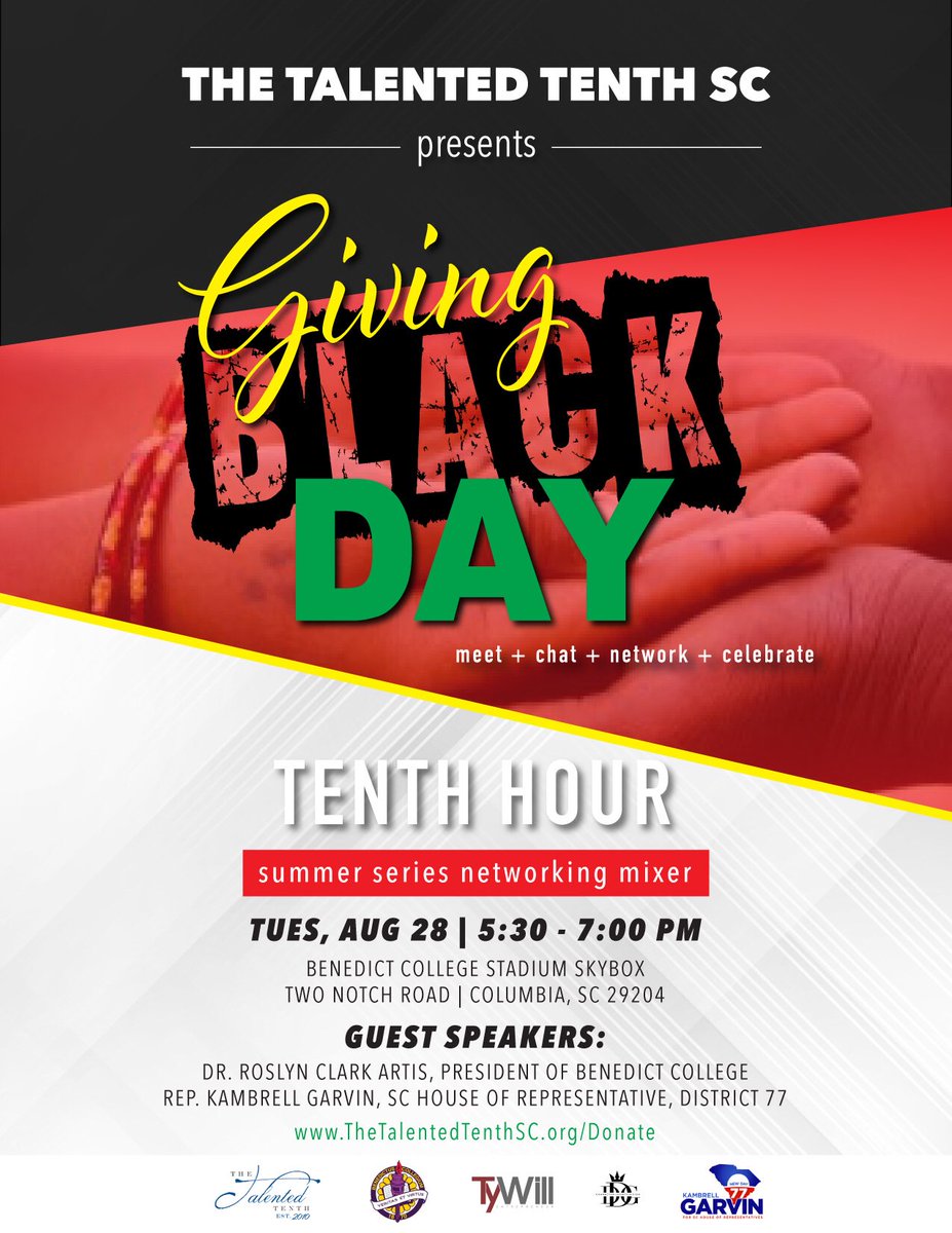 This month, instead of our normal Tenth Hour event held on the 4th Thursday, we are teaming up with <a href="/YBGB_Institute/">YBGB Institute</a> and launching our very first “Giving Black Day” right here in Columbia, SC on Tuesday, August 28, 2018.

#GivingBlackDay