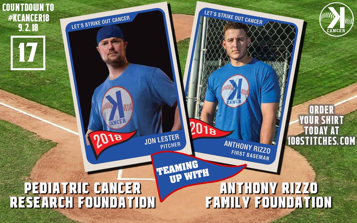 MotteFoundation's tweet photo. Today’s Countdown to #KCancer18 features a double header of @Cubs! @JLester34 &amp; @ARizzo44 shirts benefit @PCRF_Kids &amp; the @RizzoFoundation. Get yours from @108Stitches and be ready for September 2nd! https://t.co/bG5ekmjYjT Or https://t.co/wpaukryZ4X https://t.co/4yDwcWUO6T