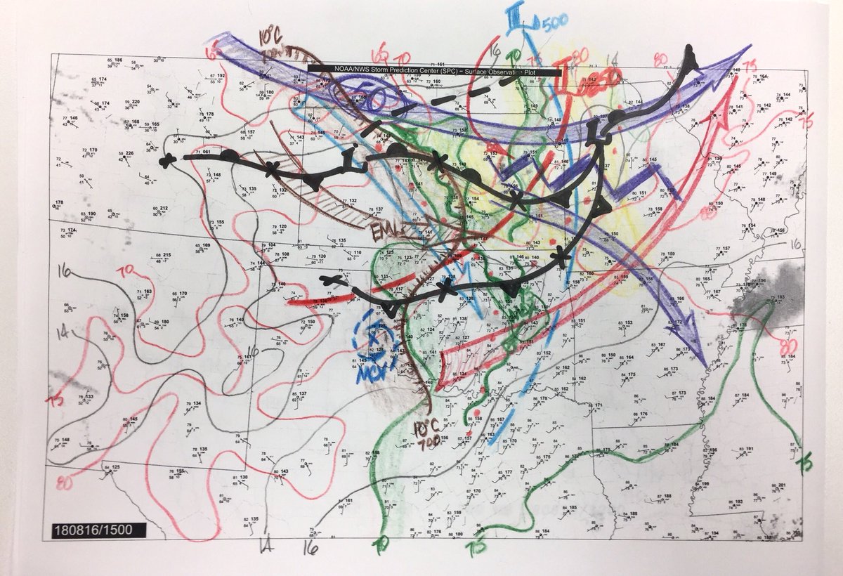 KimRunk's tweet image. Despite frontolytic circulation upstream of mid-level trough axis, moisture convergence vicinity remnant E-W boundaries could support convection this afternoon as surface heating cap erodes cap. Steep lapse rates may yield vigorous storms. #handanalysis #therapy