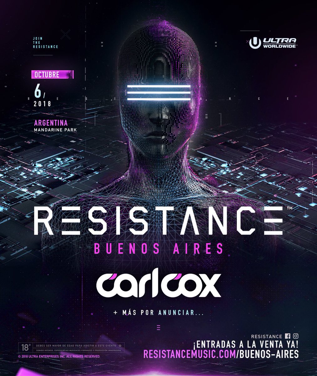 ¡RESISTANCE Buenos Aires! ¡Nos complace anunciar que <a href="/Carl_Cox/">Carl Cox</a> nos acompañará en Mandarine Park este 6 de Octubre!

y más por anunciar...

Las entradas están a la venta en resistancemusic.com/buenos-aires