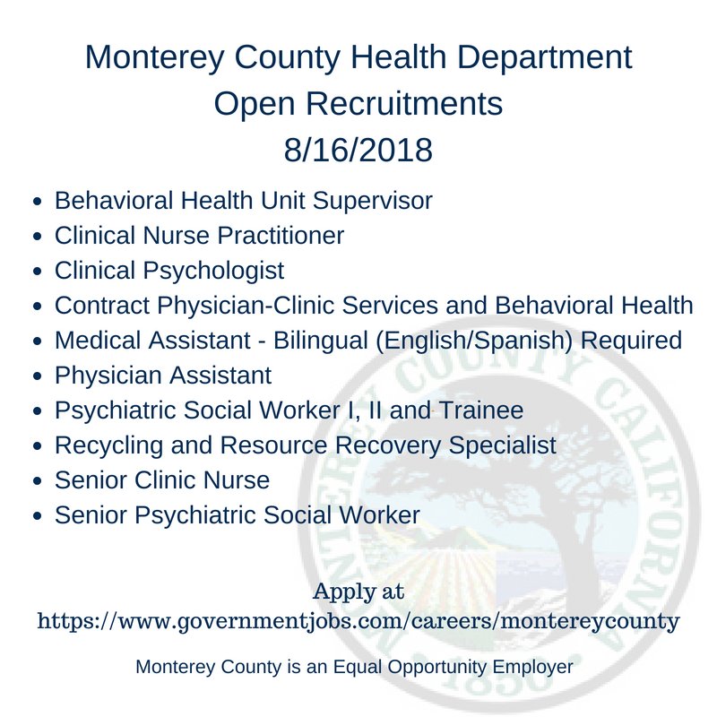 We are hiring!  Learn more and apply at governmentjobs.com/careers/monter… This just might be the place for you.  
#HealthyMontereyCounty #Monterey #Salinas #HealthCare #EnvironmentalHealthSpecialist  #RN #LCSW #CommunitHealth