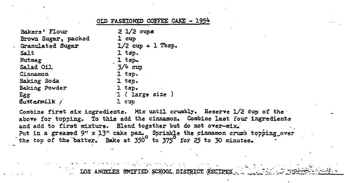 AustinLASchools's tweet photo. Here's the 1954 recipe of the famous @LASchools coffee cake. Enjoy! https://t.co/I3DbjPScqH