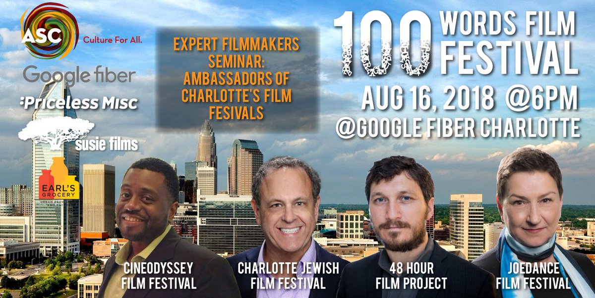 Learn How to get your film SEEN!! Join us tonight for a FREE film seminar for an insightful panel discussion with representatives of Charlotte's film festivals.

It's our last Expert Filmmakers Seminar of the year!
#filmmaking #CLT #QueenCity  #filmfestival #100words #MakeItCount