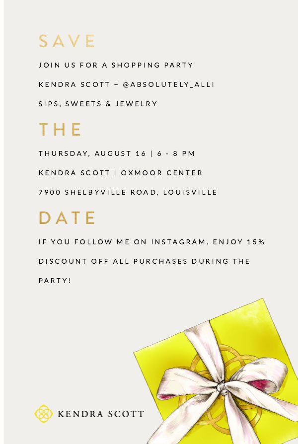 absolutely_alli's tweet photo. What are you doing tonight?? No plans! Come join me @kendrascott for a Sip & Shop from 6-8. Also enjoy 15% off your purchase. 💕
.
.
#louisville #louisvilleky #absolutelyalli #jotd #kendrascott #kyblogger #sipandshop #summer #jewelry #kentuckyblogger #liketkit #louisvilleevents https://t.co/OqzeP8pGvr