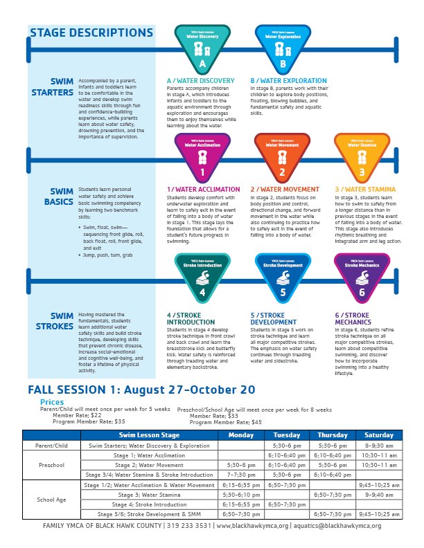 Register today for Fall Session 1 of Group Swim Lessons! This session runs from August 27 - October 20 and groups meet one time a week. Not sure what stage is right for you child? Check out our swim lesson selector! Register online at ow.ly/yJcB30lr0no