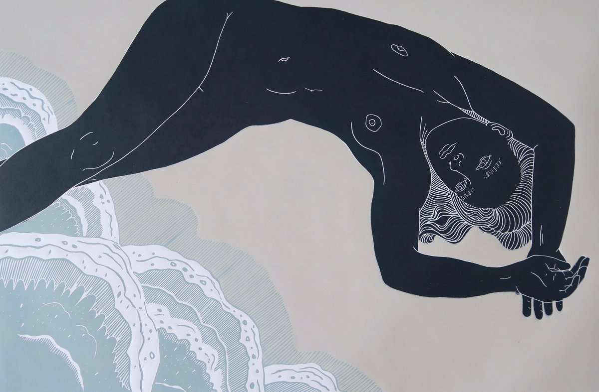 Here it is! 'Meandering Bodies' is a 16X24in linocut print on Japanese Masa paper. The limited edition of 8 is now available on my website:

ellenvonwiegand.com/limited-editio…

#ocean #sea #waves #bodylove #figureativeart #ink #linocut #linoprint #water #nature #art #artists #womeninart