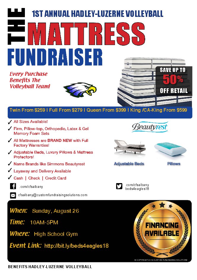 cfsalbany's tweet photo. @HL_CSD 1st annual mattress sale is coming! Save up to 50% off brand new, brand name mattresses.  or Pillows/Premium sheets!  Aug. 25th #bed4eagles18 https://t.co/af6VZus3ai