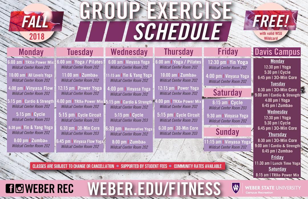 WeberStateU's tweet photo. For your fall semester exercise needs ... FREE with a valid Wildcard. #WeberRec #WeberState https://t.co/ESMX75Kv44