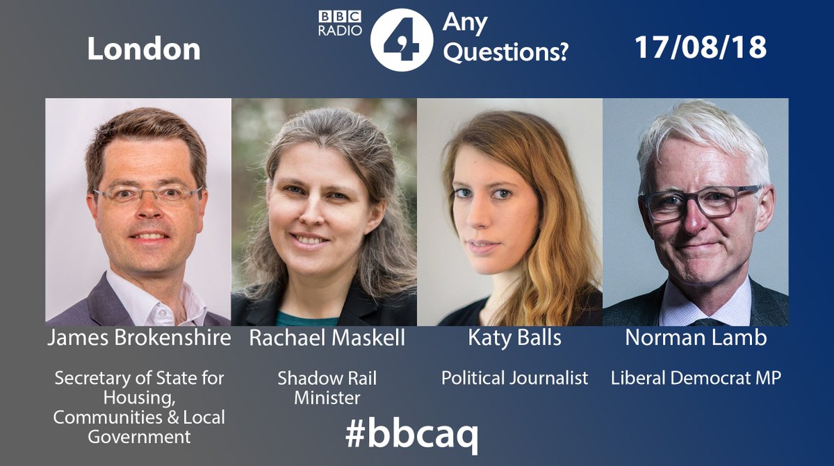 Shaun Ley is in the chair for this week’s Any Questions, in Broadcasting House London. He’ll be joined by @JBrokenshire, @RachaelMaskell, @katyballs and @normanlamb Get involved! #bbcaq Listen Fri 8pm / Sat 1.10pm @BBCRadio4