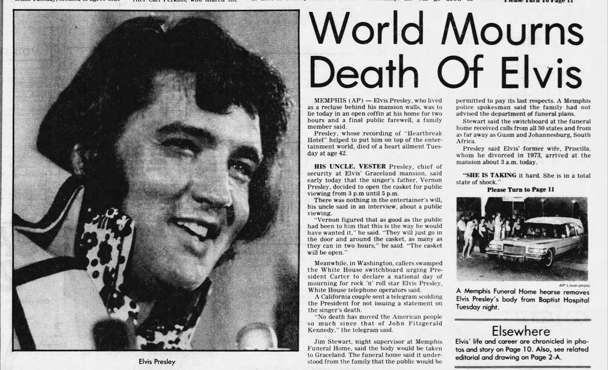 Music icon #Elvis Presley passed away on August 16, 1977, at age 42. The  following day, President Jimmy Carter made an official statement that \, image size:1200x731