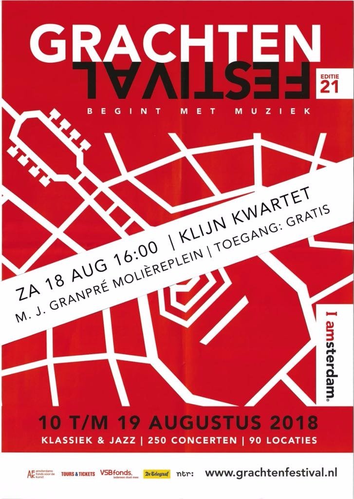Zaterdag 18 augustus 16 uur, net naast 't <a href="/Sloterpark/">Sloterplas</a> in de Noorderhof op het Molièreplein: Klassiek concert van het KlijnKwartet
#grachtenfestival
