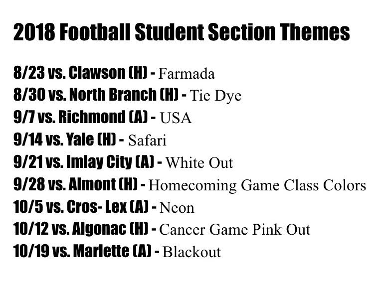 SPREAD THE WORD 
❗️❗️❗️❗️
Student Section Themes for Football Games 
❗️❗️❗️❗️
Let’s have a great season!! 🏈