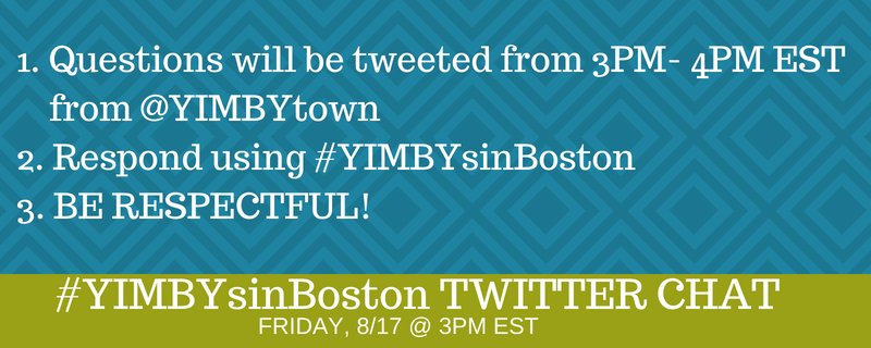 YIMBYtown's tweet photo. TOMORROW is our first #TwitterChat!

Join this week's #YIMBYsinBoston Spotlight @afrolatinax for a discussion on Housing and Equity at 3PM EST. Help us lead a discussion that promotes diversity and inclusion so we can find common ground! #YIMBYtown https://t.co/QOCwv69Fd5