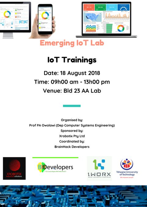 Sir_M_Charles's tweet photo. All students are invited this Saturday to
#BrainhackDev
#IoTtrainings @Official_TUT Soshanguve South Campus.
@beshomzwakhe @Magagulawandile @GirlCode_za @kamogelo142 @MikeTsire https://t.co/DGDvgrOAqk