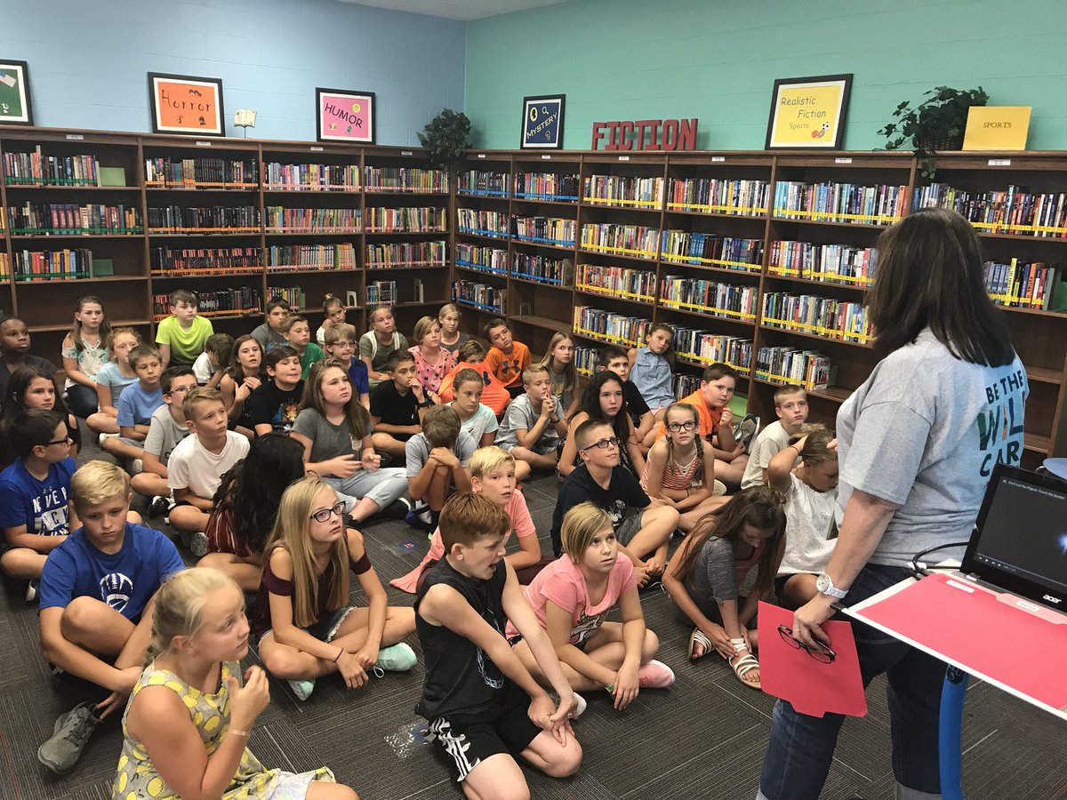 SCEMrsMelton's tweet photo. First day of school... first day of library!!! Doubling up with @SCELoness today due to the house sorting assembly tomorrow! #SCEsoars #firstdayhooray https://t.co/b0lScUCQ8c