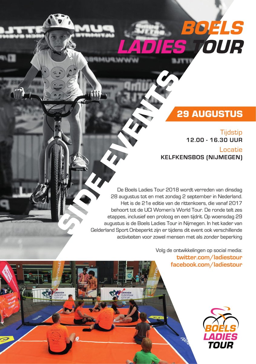 ladiestour's tweet image. Boels Ladies Tour is meer dan alleen de WorldTour. Zo hebben we woensdag 29 augustus in Nijmegen een heus Sportplein Aangepast Sporten. Locatie Kelfkensbos, programma van 12.00-16.00 uur. Komt dat zien!