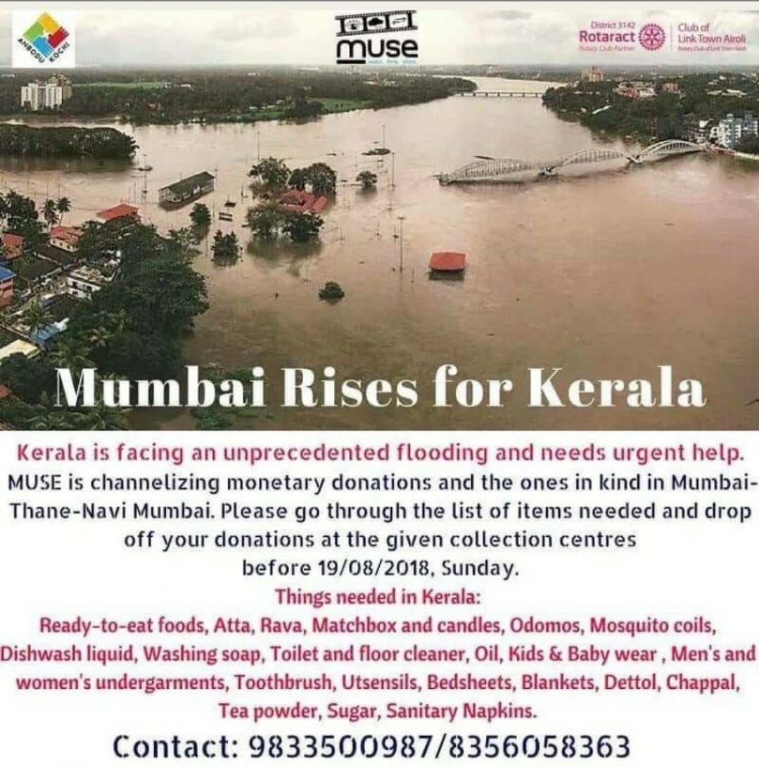 _christinasimon's tweet photo. Collection centres open now in Mumbai. Help in every way possible. Do for Kerala. #KeralaFloods https://t.co/BlxTd7rSQZ