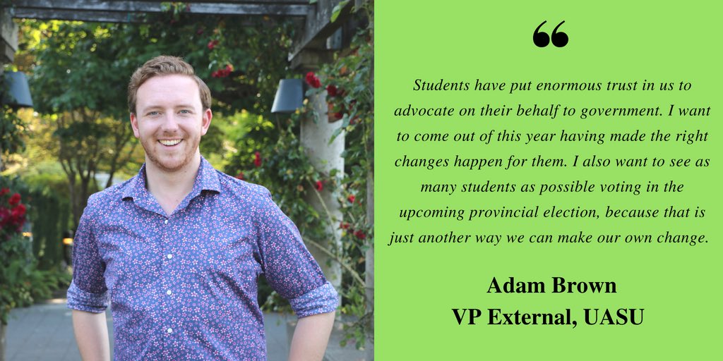 . @uasuvpexternal is the other half of the <a href="/uasu_advo/">UASU Advocacy</a> team, travelling all over as Chair of <a href="/CASAACAE/">CASA | ACAE</a> and as a bass singer with various choirs in #YEG, #YOW, Germany, and Austria! 

#abpoli #ableg #abpse #cdnpse #cdnpoli