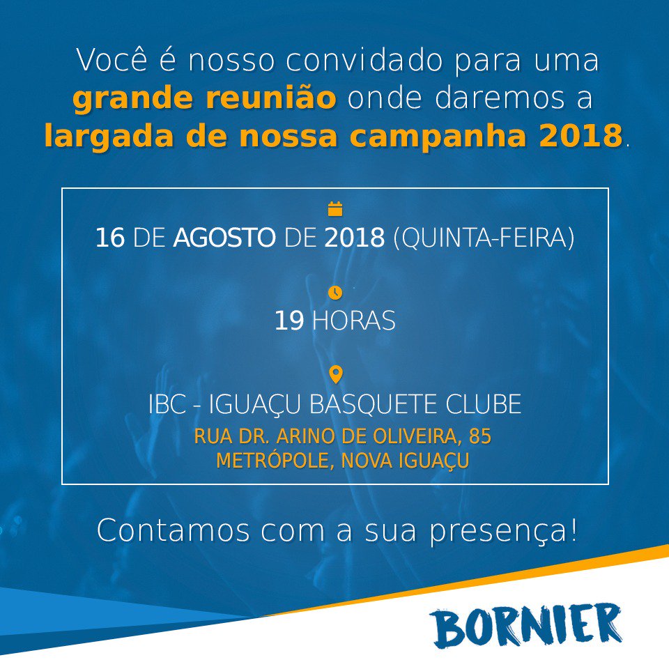 bornieroficial's tweet photo. Meus amigos, a campanha já começou! Convido todos a participarem hoje no IBC! Vamos juntos lutar pela Baixada e promover a qualidade de vida para o nosso povo. #Bornier9000 #Bornierpelabaixada https://t.co/IIjUlKBR1T